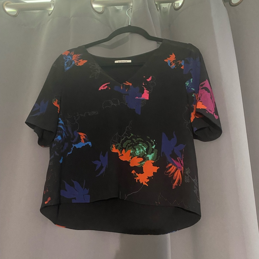 Babaton black floral blouse, size M